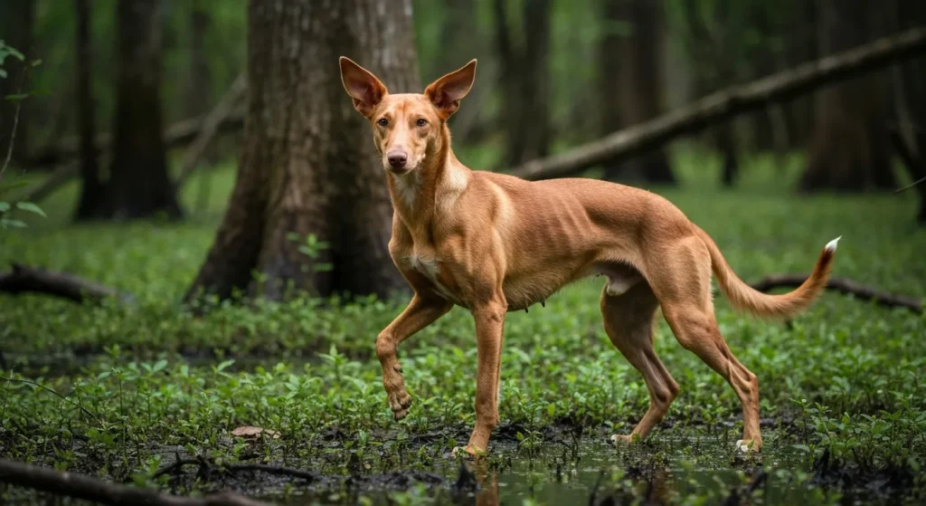 Un câine Carolina cu blană roșcată, cu urechi mari și corp suplu, într-un mediu natural de mlaștină sau pădure.
