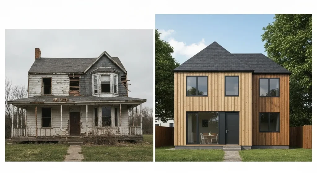 O casă veche, goală, este renovată și modernizată, devenind o locuință eficientă energetic.