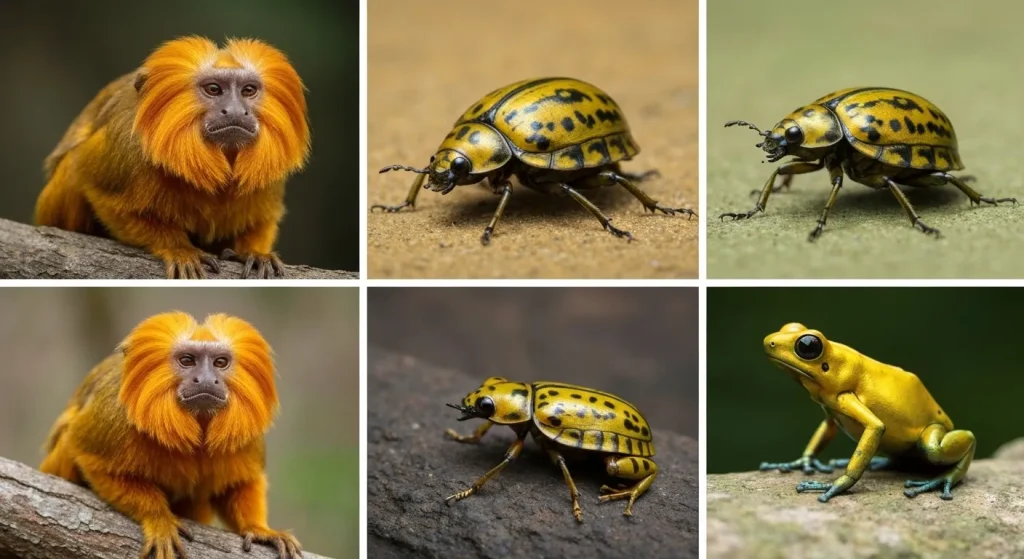 Imagini cu zece animale diferite, cu blană, penaj sau carapace de culoare galben-aurie, în diverse medii naturale.