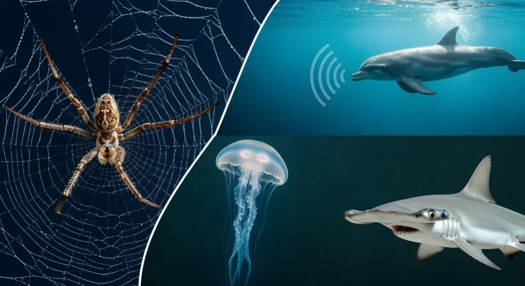Imagini cu un păianjen în plasa sa, o meduză pieptene, un delfin și un rechin ciocan, ilustrând simțurile speciale ale fiecărei creaturi.