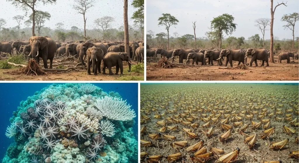 O imagine care arată distrugerea mediului înconjurător cauzată de diverse animale, inclusiv elefanți care doboară copaci, roiuri de lăcuste care distrug culturi și stele de mare care afectează recifele de corali.