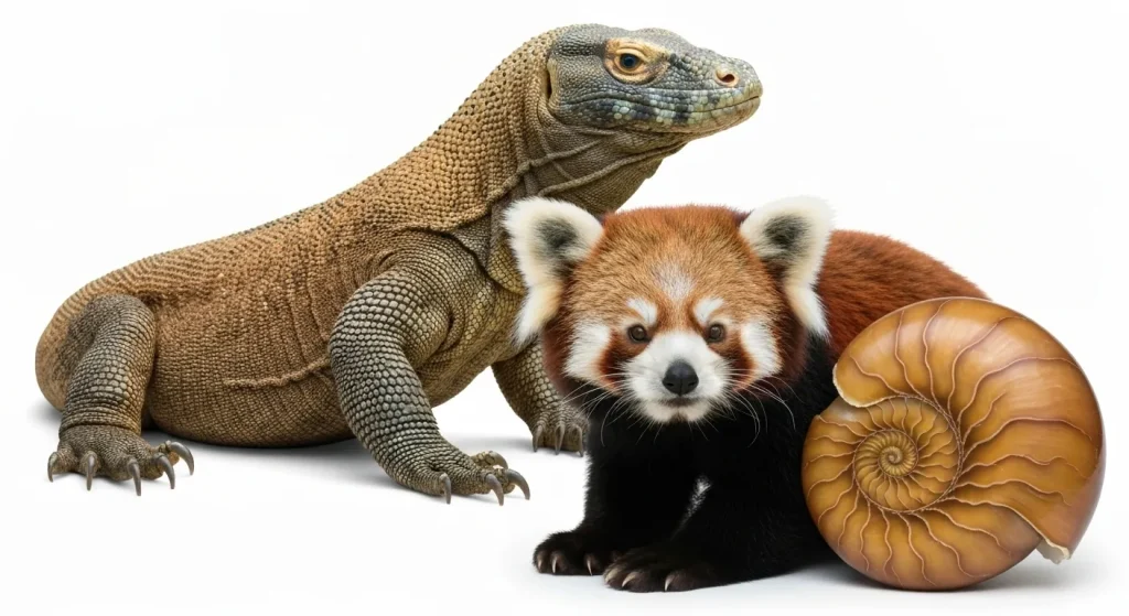 Un dragon de Komodo, un panda roșu și un nautilus, exemplificând specii antice cu aspect distinctiv.