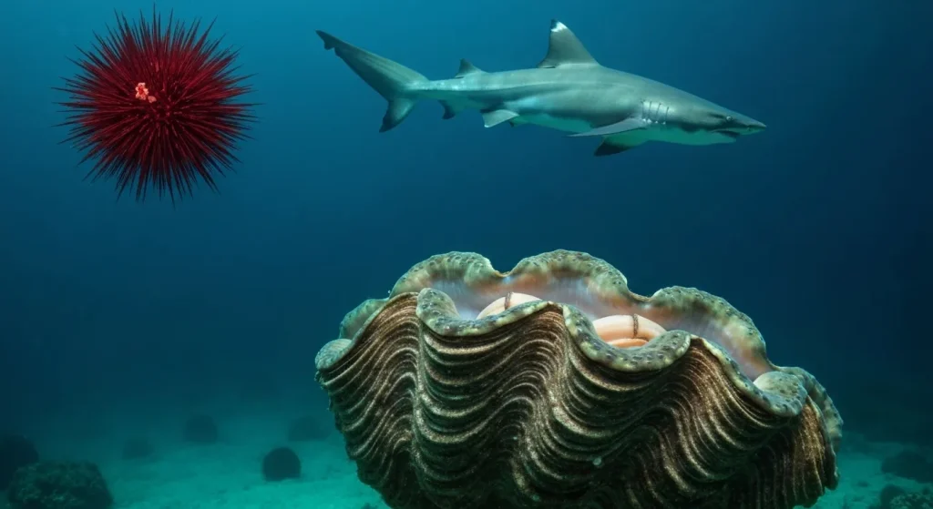 Imaginea prezintă o scoică uriașă parțial scufundată în apă, alături de un arici de mare roșu și un rechin Groenlandei în fundalul estompat al oceanului.