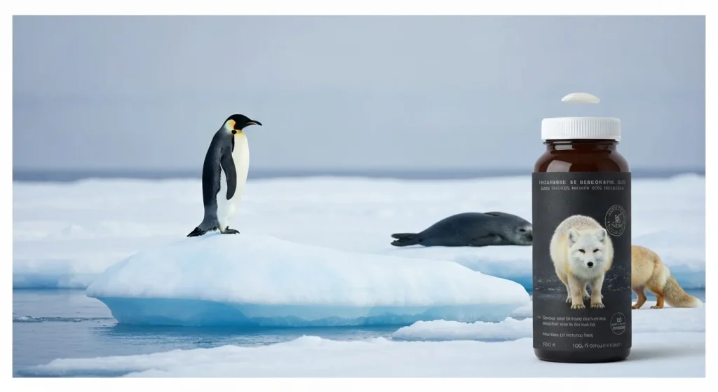 Un pinguin imperial singuratic pe un aisberg care se topește, cu o focă inelată pe o banchiză mică în fundal.