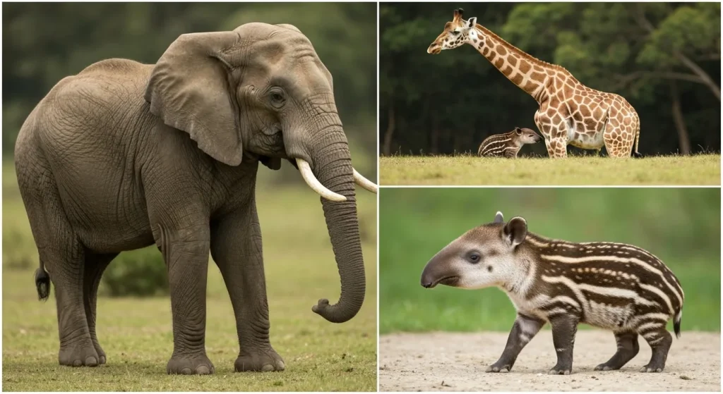 O imagine cu o girafă adultă care naște un pui, alături de alte animale gravide, ilustrând diverse perioade lungi de gestație.