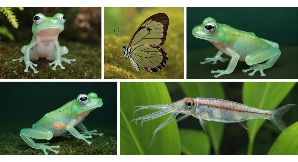 Imaginea prezintă diverse animale transparente, precum broaște de sticlă, fluturi cu aripi de sticlă și pești cu corp transparent, în mediile lor naturale.