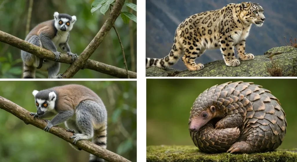 Imagini cu un lemur, un leopard de zăpadă, un pangolin și un rinocer, specii amenințate de extincție din cauza braconajului și distrugerii habitatelor.