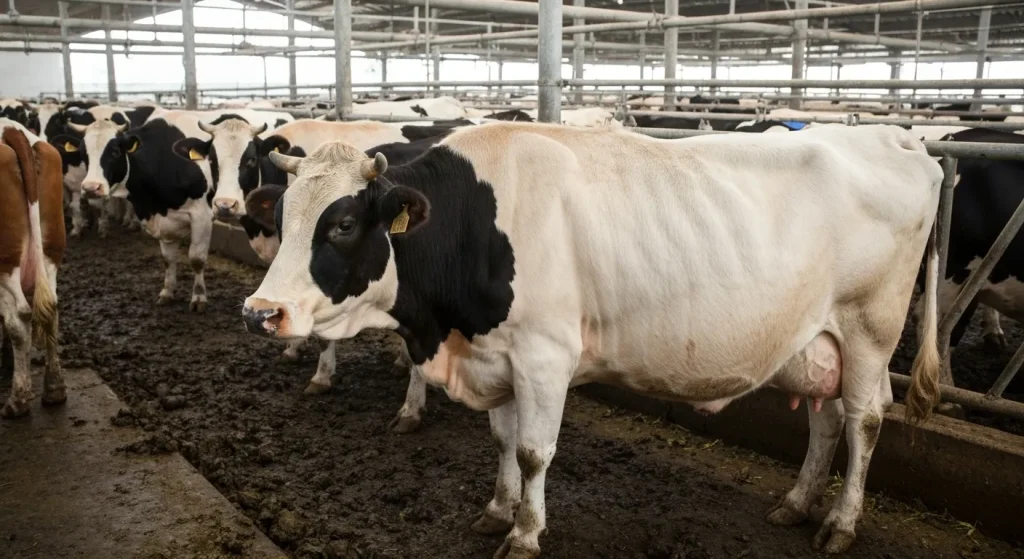 O vacă supraponderală într-o fermă industrială aglomerată, cu indicii de condiții insalubre.