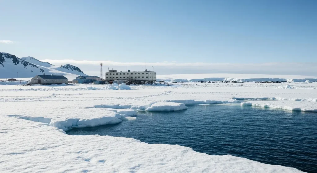 O bază argentiniană în Antarctica, cu peisajul înconjurător de gheață și zăpadă, într-o zi însorită și neobișnuit de caldă.