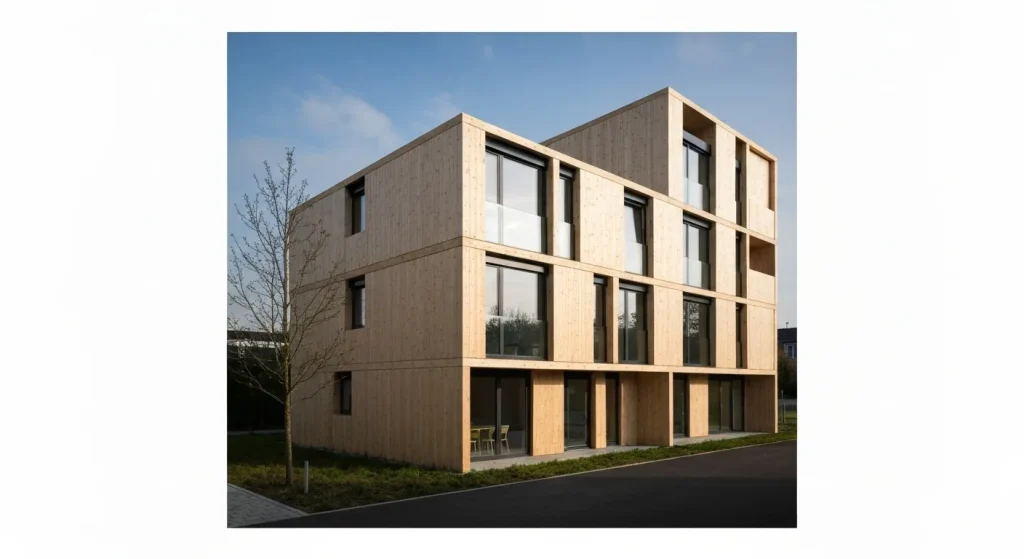 Clădire modernă, modulară, din lemn laminat încrucișat, cu design repetitiv și finisaje curate.