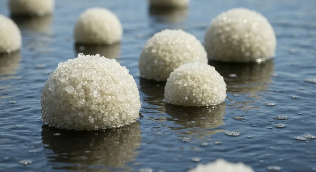 Bile mari, albe, de microplastic plutitoare la suprafața apei într-un bazin de tratare a apelor uzate.