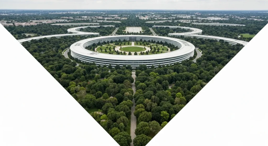 Imagini aeriene ale Apple Park, arătând clădirea principală circulară și spațiile verzi extinse din jur.