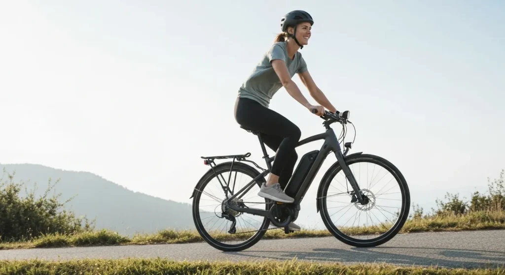 O bicicletă electrică elegantă urcă o pantă ușoară, cu un ciclist zâmbind pe ea, într-un peisaj natural.
