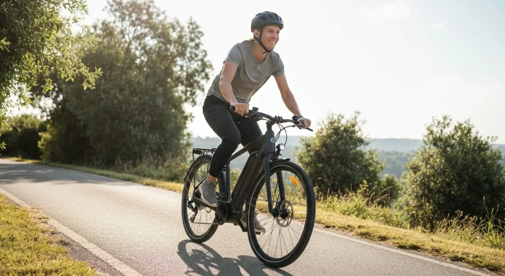 O persoană zâmbitoare pe o bicicletă electrică modernă urcă o pantă ușoară într-o zi însorită.