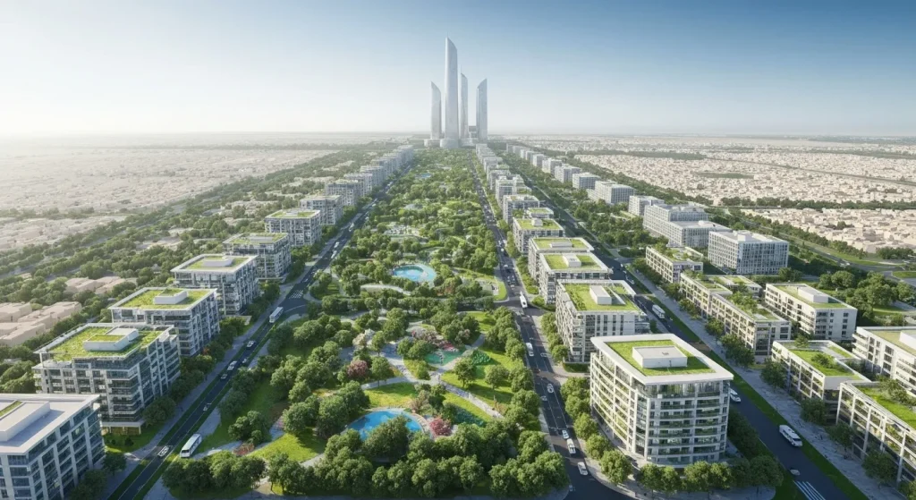 O imagine a unui oraș linear futuristic, cu clădiri înalte aliniate de-a lungul unei linii centrale, cu vegetație și spații verzi integrate.