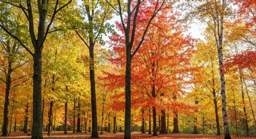 Un peisaj de toamnă cu arbori foioși multicolori, frunze căzute și raze de soare.