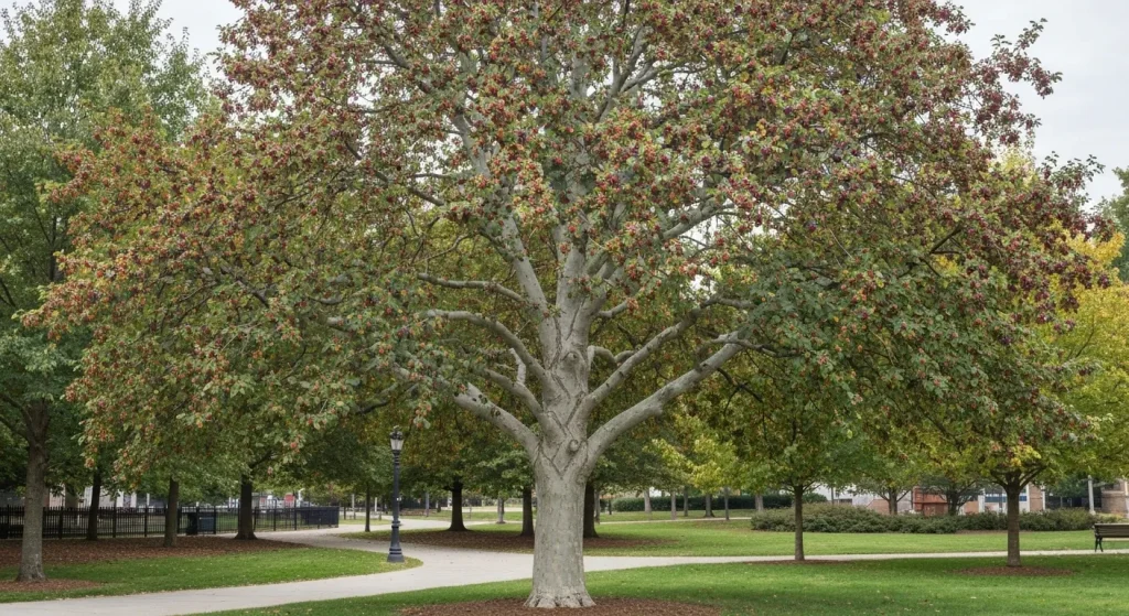Un arbore Hackberry matur, cu scoarță gri deschis, neregulată și fructe purpurii mici.