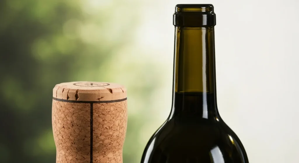 Un dop de plută natural, cu textură vizibilă, lângă gâtul unei sticle de vin.