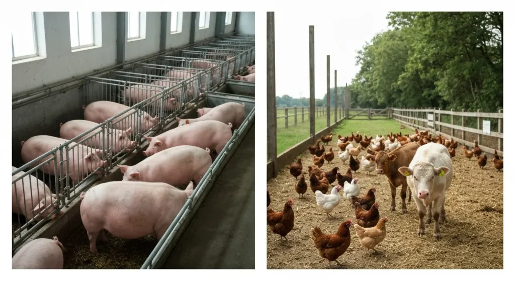 Imagini comparative ale condițiilor de viață ale animalelor în ferme industriale și în ferme cu standarde de creștere considerate "umane".