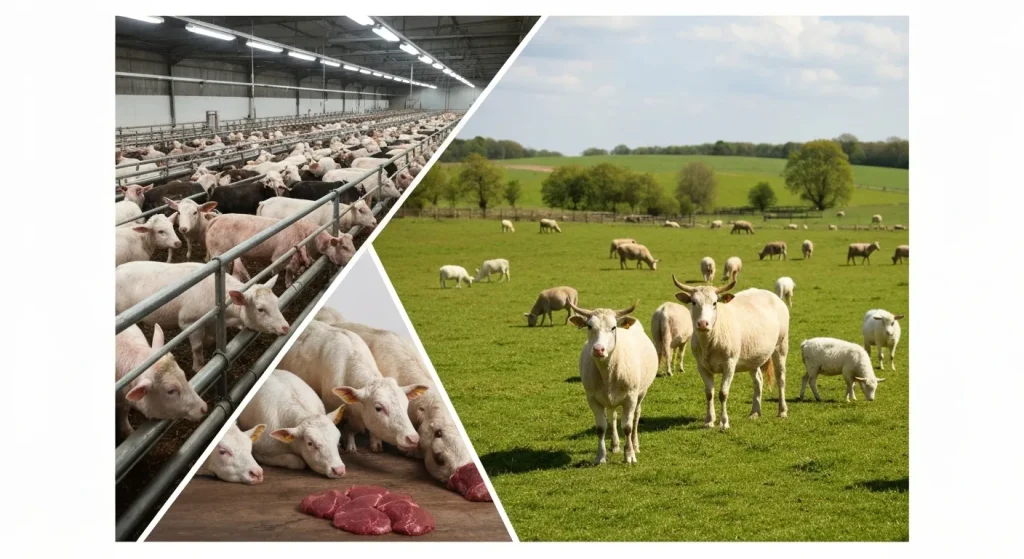 O comparație vizuală între animalele într-o fermă industrială și animalele în mediul lor natural, evidențiind diferența de bunăstare.