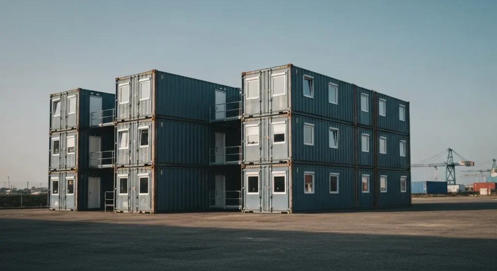 O structură temporară construită din containere de transport maritim interconectate.