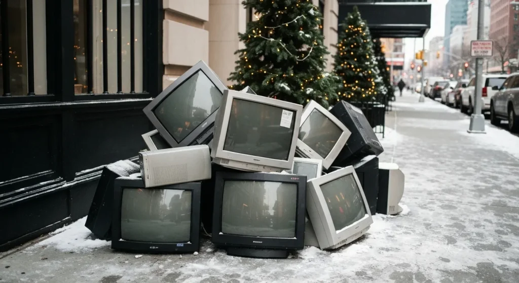 Grămadă de televizoare și echipamente electronice vechi pe trotuar într-o zonă urbană acoperită de zăpadă.