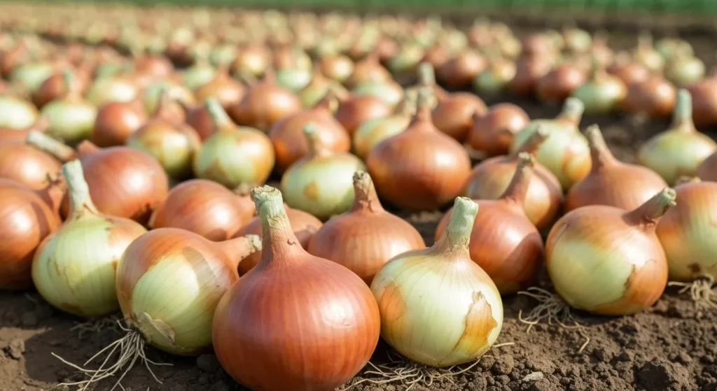 Un câmp de ceapă Vidalia copt, gata de recoltare.