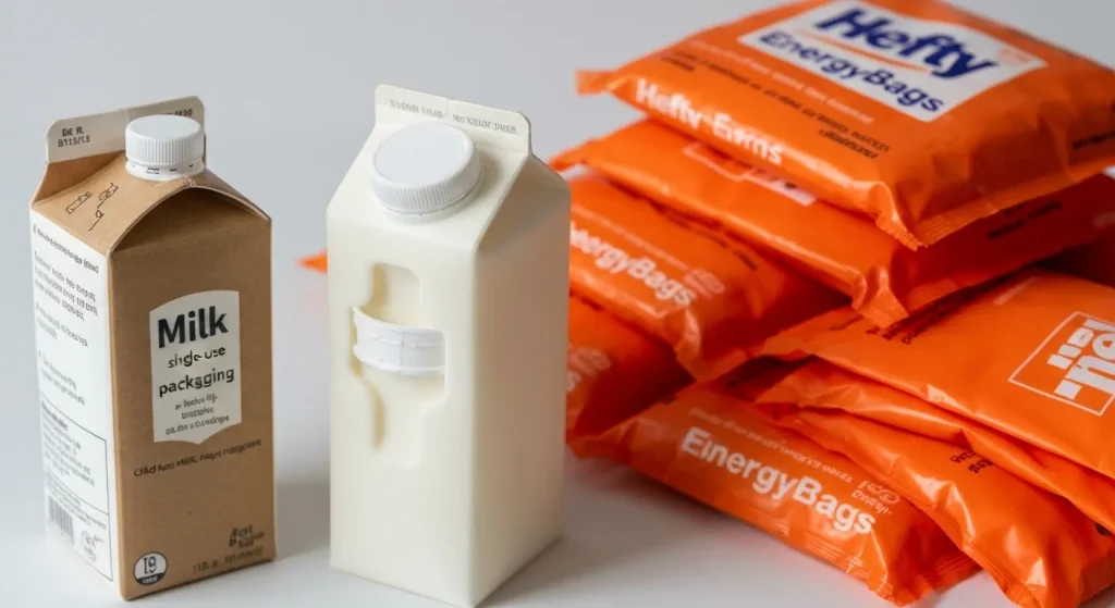 Două cutii de lapte, una cu deschidere clasică, alta cu capac de plastic, alături de o grămadă de saci portocalii Hefty EnergyBag.