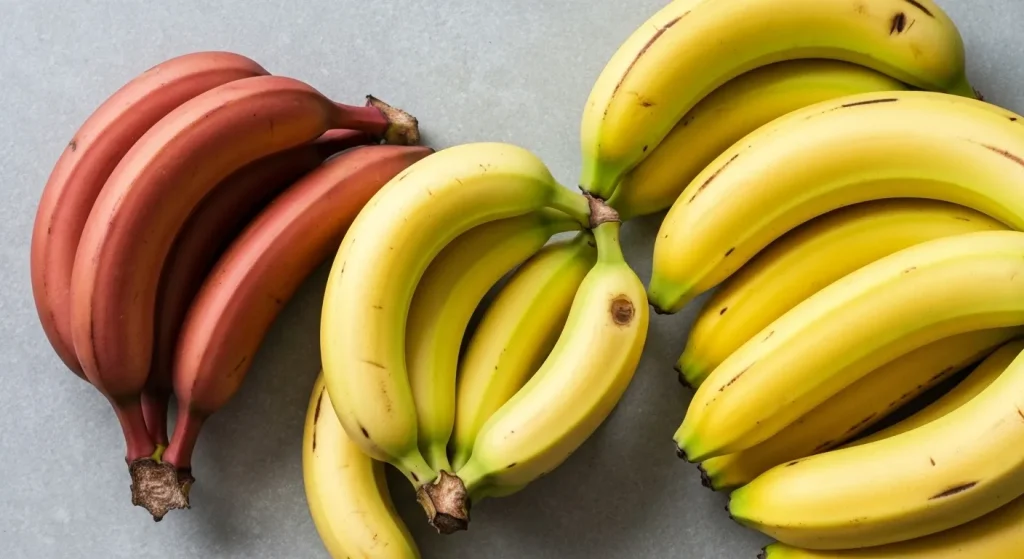 O comparație între o banană Cavendish și alte varietăți de banane, cu diferite culori ale cojii și dimensiuni.