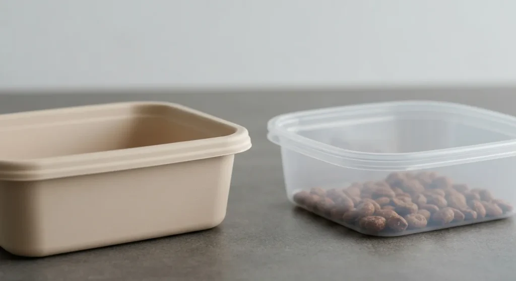 Un recipient din plastic biodegradabil PLA, alături de unul din plastic tradițional, evidențiind diferențele dintre ele.
