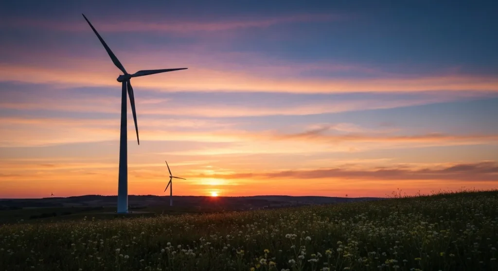 O turbină eoliană înaltă, cu pale care se rotesc, pe un fundal de cer însorit.