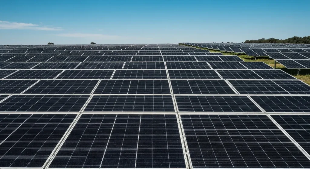 Panouri solare fotovoltaice montate pe un acoperiș, cu fundalul cerului însorit.