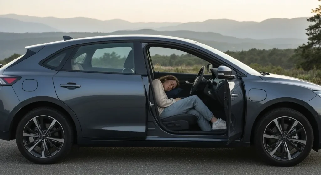 O persoană doarme într-un vehicul electric parcat într-un peisaj pitoresc.