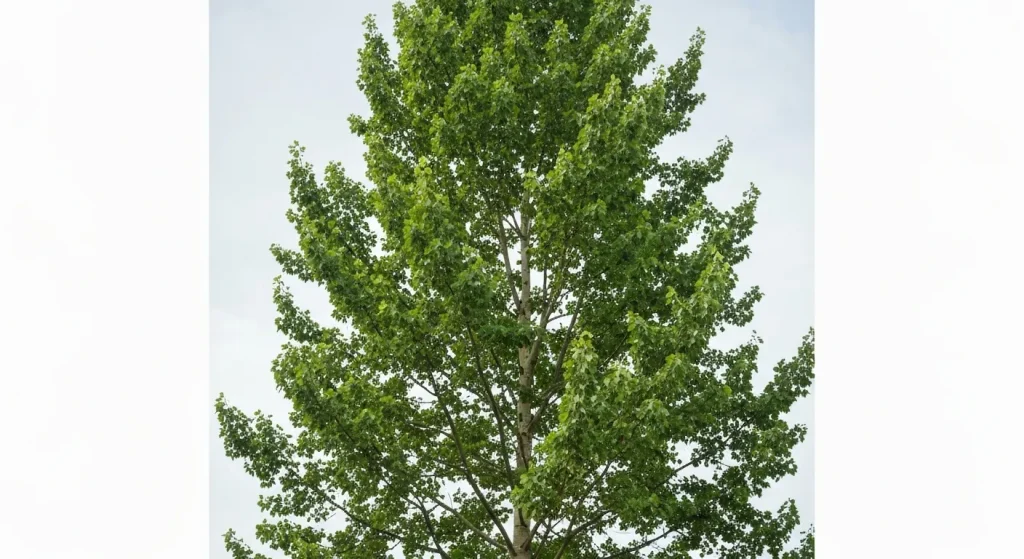 Un copac înalt de plop hibrid cu frunze verzi, plantat într-un peisaj deschis.