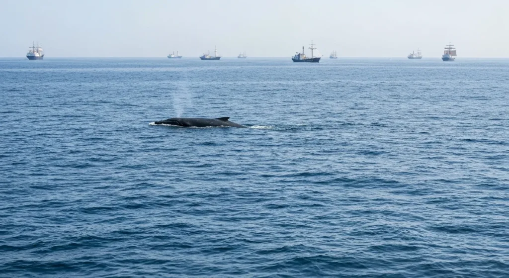 O balenă singură înoată în ocean, cu o flotă de nave de vânătoare de balene în depărtare.
