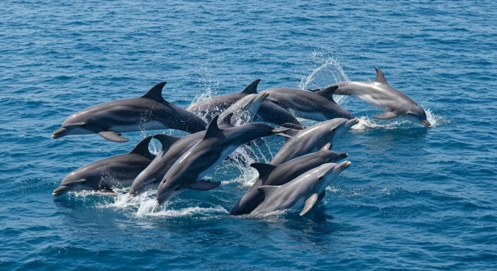 Un grup de delfini înoată și interacționează într-un mediu marin.