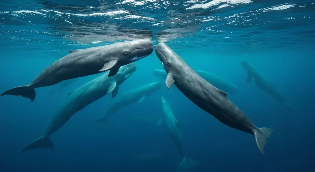 Un grup de balene cu spermă comunică în ocean, utilizând clicuri distincte care formează dialecte.