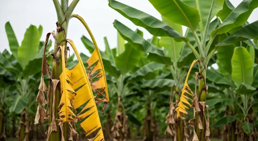 Plantatie de banane afectată de o boală, cu frunze îngălbenite și ofilite.