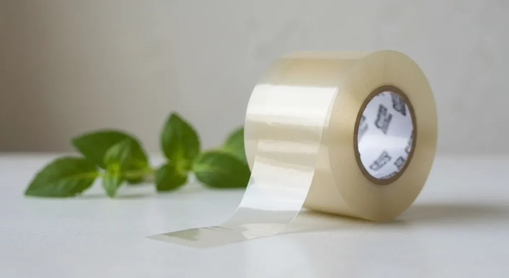 Rolă de bandă adezivă transparentă biodegradabilă.