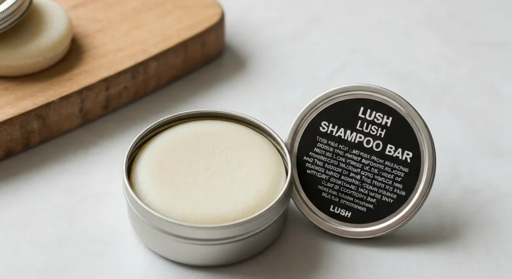 Un baton solid de șampon Lush, rotund și gri, așezat într-o cutie metalică mică.