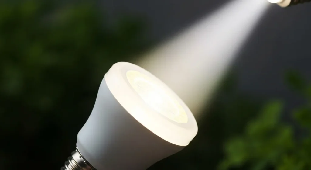 Un bec LED modern, compact, care emite un fascicul luminos de lumină.