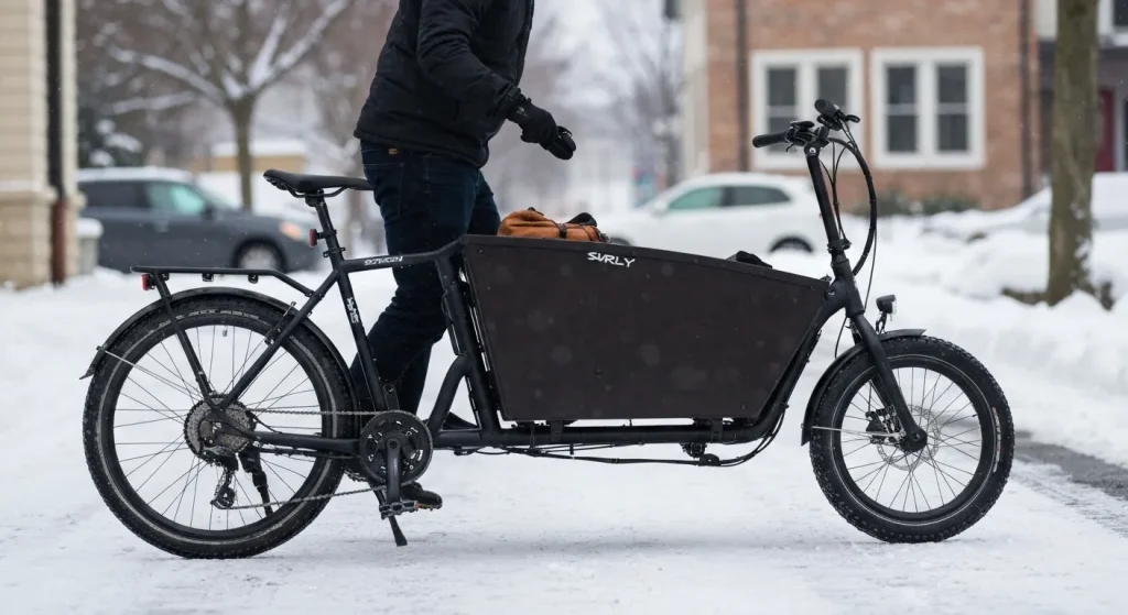 O bicicletă cargo electrică Surly Big Easy, cu anvelope groase, circulă prin zăpadă.