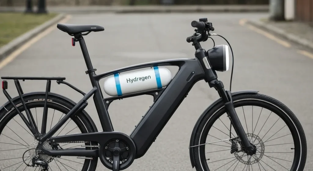 O bicicletă electrică modernă cu un rezervor de hidrogen compact, afișând un design futurist.