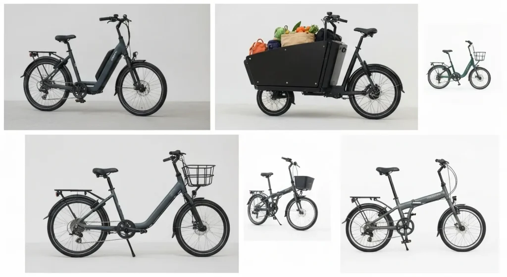 Diverse modele de biciclete electrice, inclusiv o bicicletă cargo, o bicicletă de oraș și o bicicletă pliabilă, afișate într-un stand la un târg de biciclete.