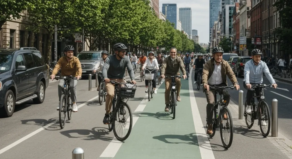 O stradă urbană aglomerată cu mulți oameni pe biciclete și biciclete electrice, circulând pe piste dedicate pentru biciclete.