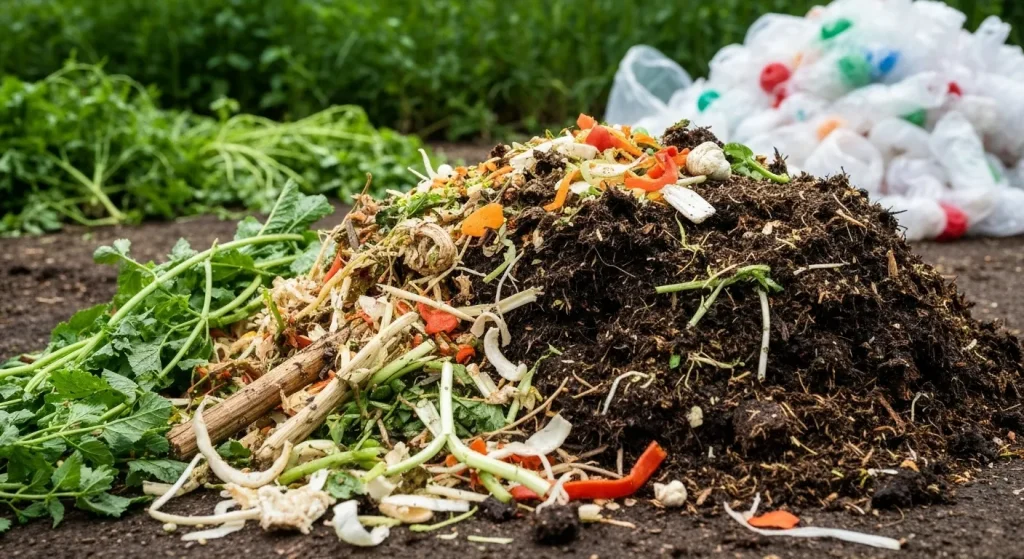 Grămadă de compost cu resturi vegetale și materiale organice în descompunere, alături de o grămadă de deșeuri plastice nebiodegradabile.