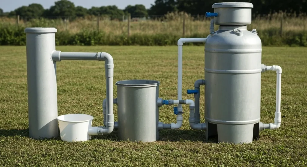 Un digestor de biogaz artizanal construit din rezervoare, țevi și garnituri de cauciuc, conectat la un sistem de colectare a gazului.