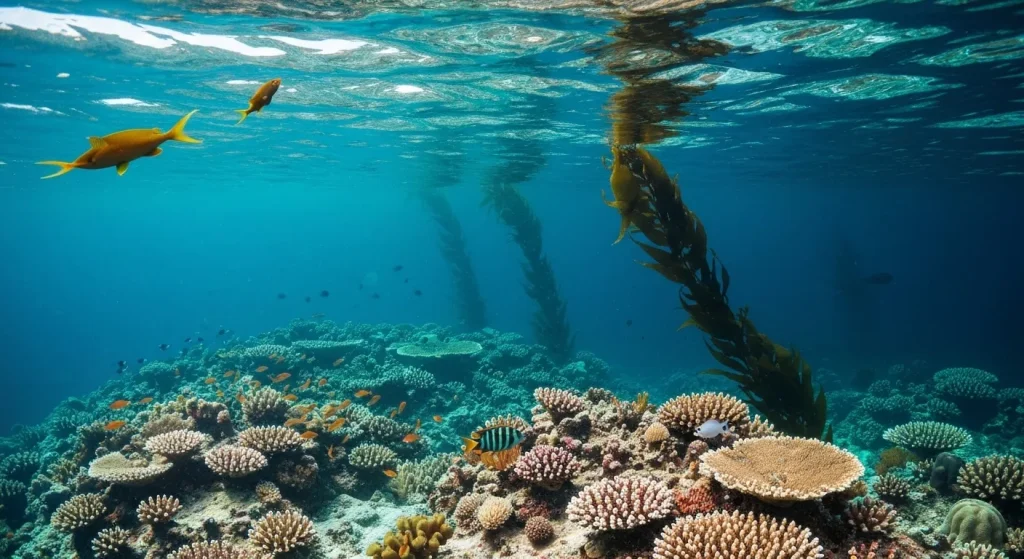 O imagine subacvatică care prezintă o varietate de plante și animale marine, inclusiv recife de corali, alge marine și pești.