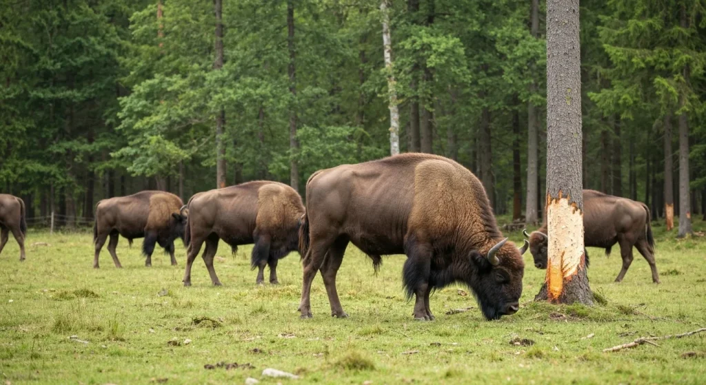O turmă mică de bizoni europeni în pădure.