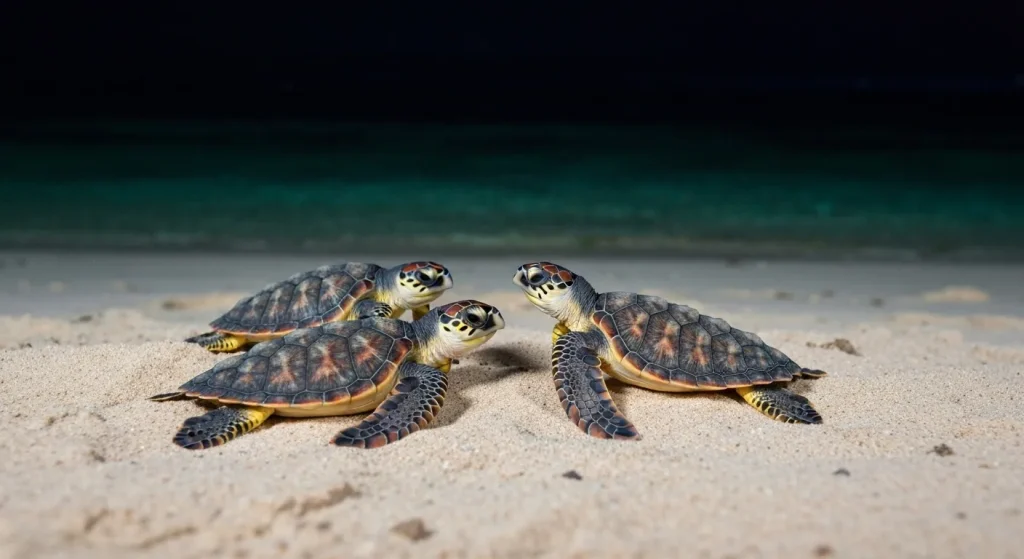 Broaște țestoase marine ciocate eclozând pe o plajă tropicală, cu un recif de corali în fundal.